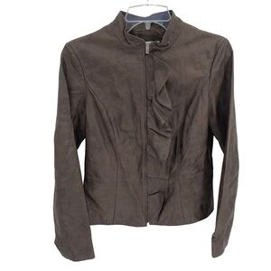 BOSTON PROPER Brown LEATHER JACKET Peplum Ruffles Size 6 womens zip front